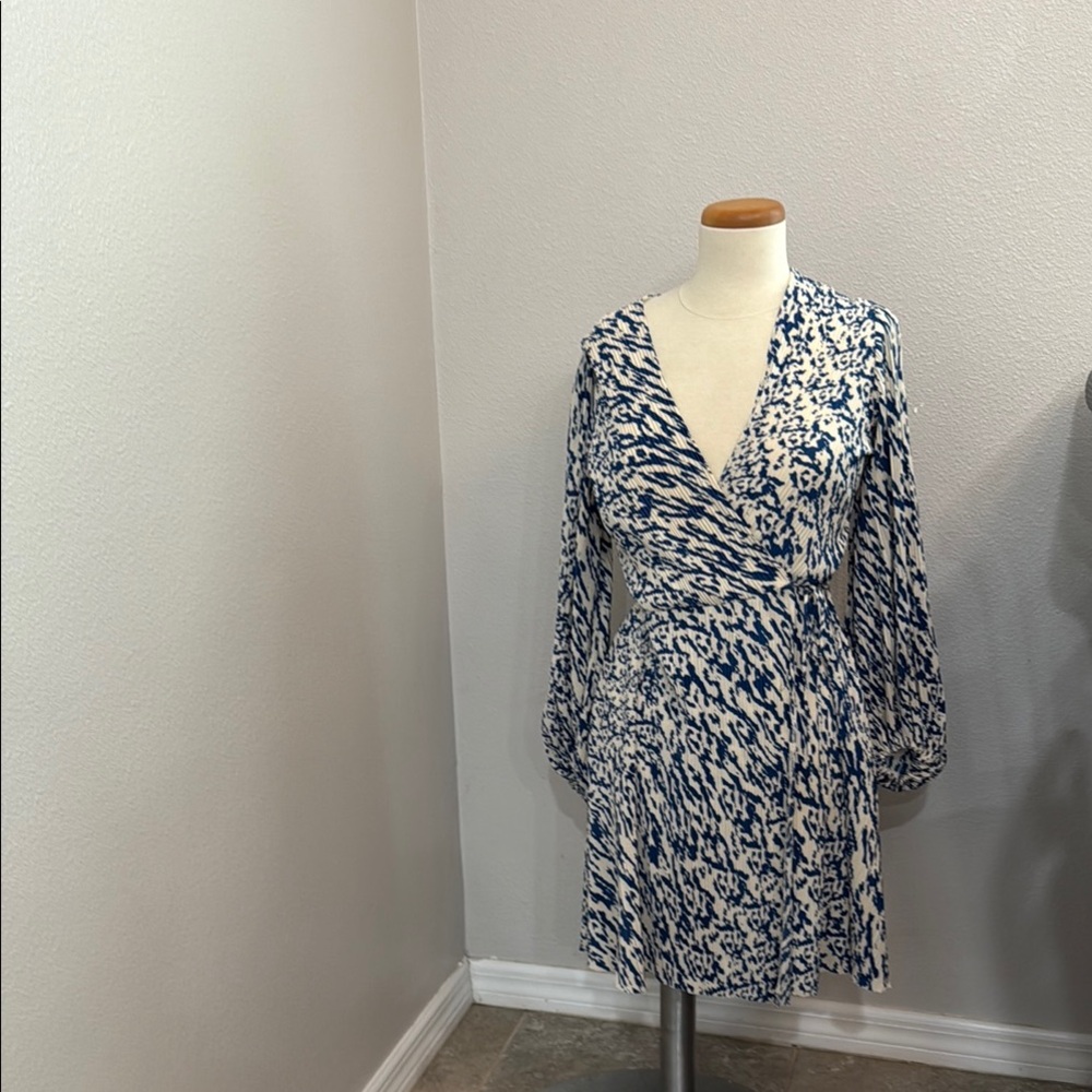 H&M Blue and White Wrap Sundress with Bishop Sleeves